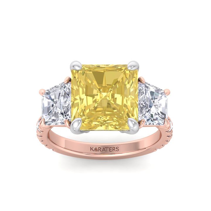 Fancy Yellow Radiant Cut Lab-Grown Diamond Engagement Ring with Pave Sidestones Rose Gold 14K 18K