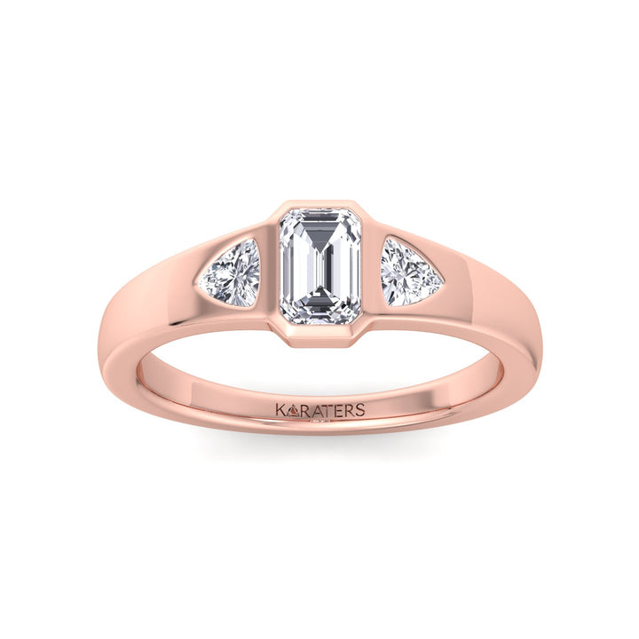 Bezel Set Emerald Lab Grown Diamond with Trillion Sidestones Engagement Ring Rose Gold 14K 18K