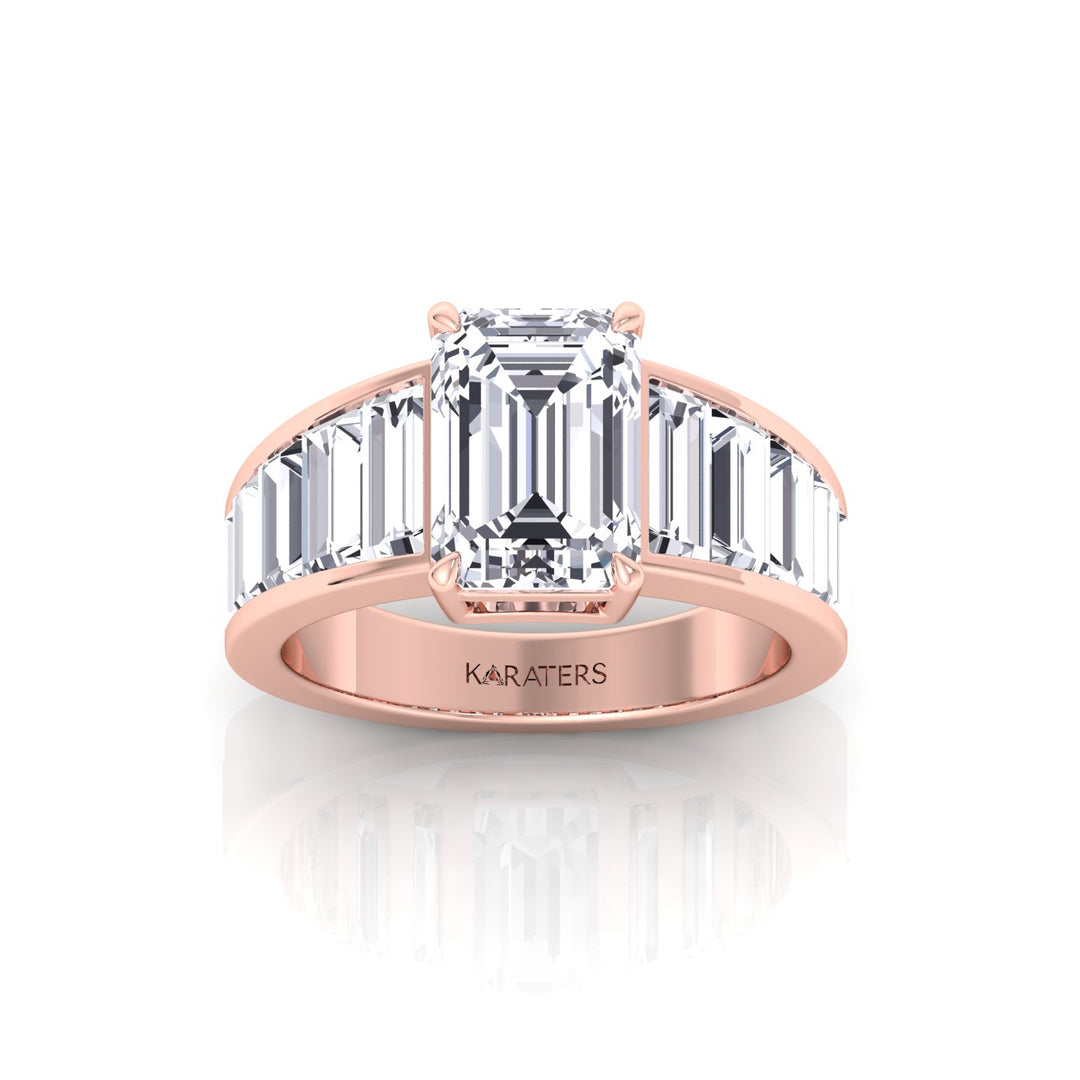 Emerald Shape Lab Grown Diamond Engagement Ring with Graduated Tapered Emerald Sidetones Rose Gold 14K 18K