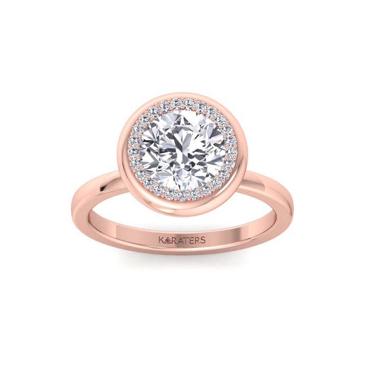 Bezel Set Round Shape Halo Lab Grown Diamond Engagement Ring Rose Gold 14K 18K