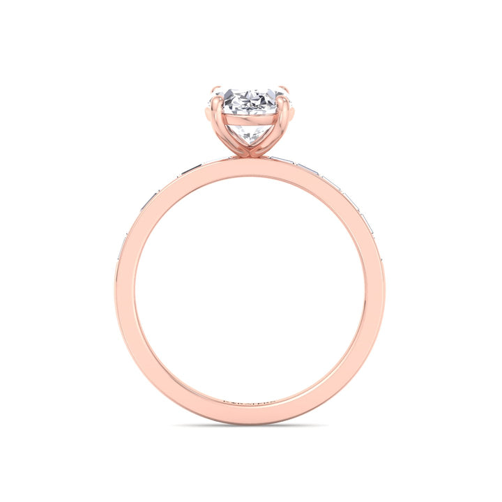 Oval Cut Lab Grown Diamond Engagement Ring with Baguette Channel Band-1CT-2CT-3CT-4CT-5CT-6CT-7CT-8CT-9CT-10CT-Rose Gold