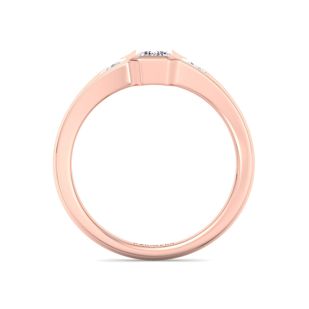 Bezel Set Emerald Lab Grown Diamond with Trillion Sidestones Engagement Ring Rose Gold