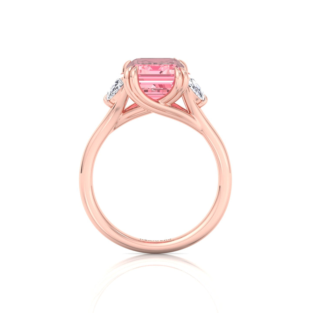Fancy Pink Emerald Shape Lab Grown Diamond Engagement Ring with Half Moon Sidestones Rose Gold