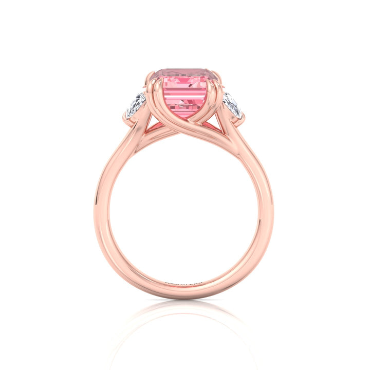 Fancy Pink Emerald Shape Lab Grown Diamond Engagement Ring with Half Moon Sidestones Rose Gold