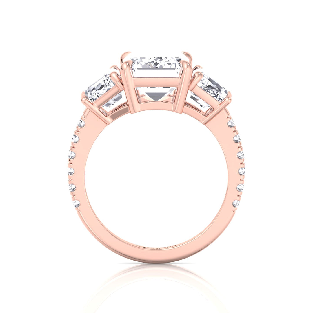 Emerald & Trapezoid Three Stone Lab-Grown Diamond Engagement Ring with Sidestones Rose Gold 