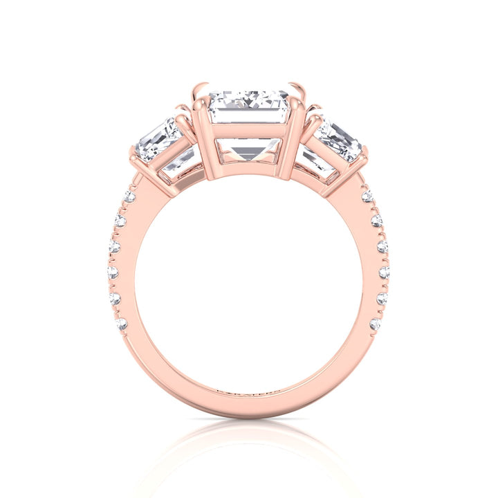 Emerald & Trapezoid Three Stone Lab-Grown Diamond Engagement Ring with Sidestones Rose Gold 