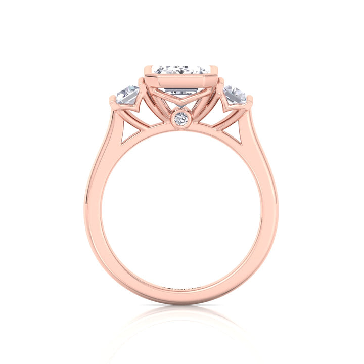 Three Stone Emerald Shape Lab Grow Diamond Engagement Ring Rose Gold 