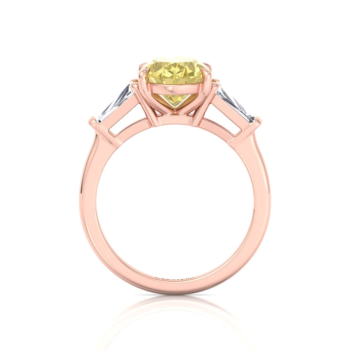 Fancy Yellow Oval Shape Lab Grown Diamond Engagement Ring with Tapered Baguette Sidestones Rose Gold