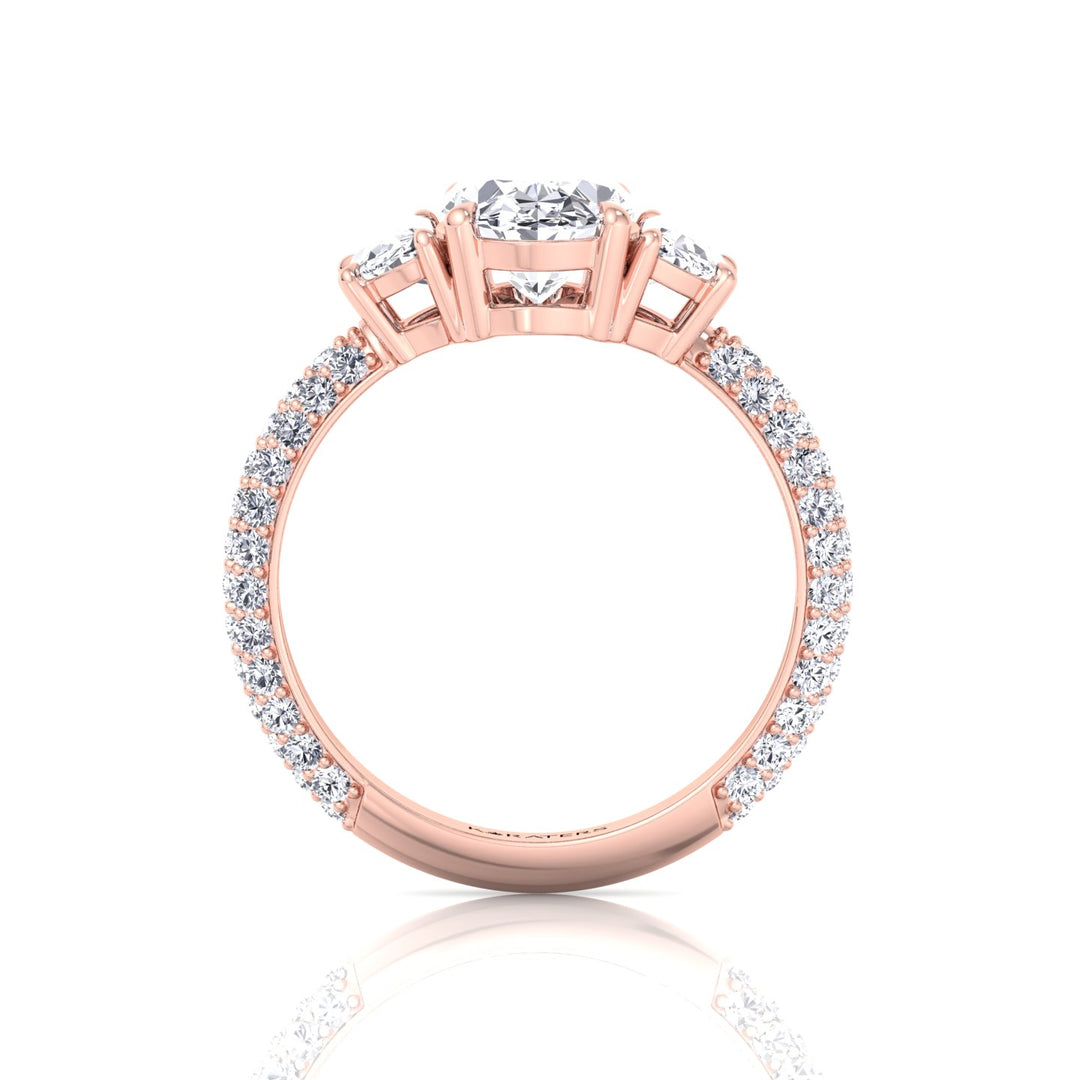 Oval and Half Moon Shape Three Stone Lab Grown Diamond Engagement Ring with Pave Band Rose Gold
