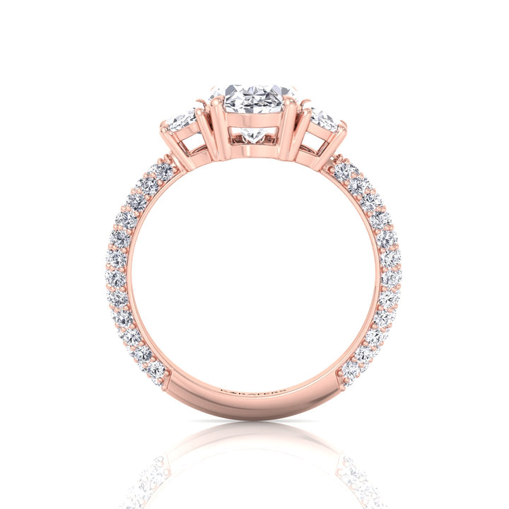 Oval and Half Moon Shape Three Stone Lab Grown Diamond Engagement Ring with Pave Band Rose Gold