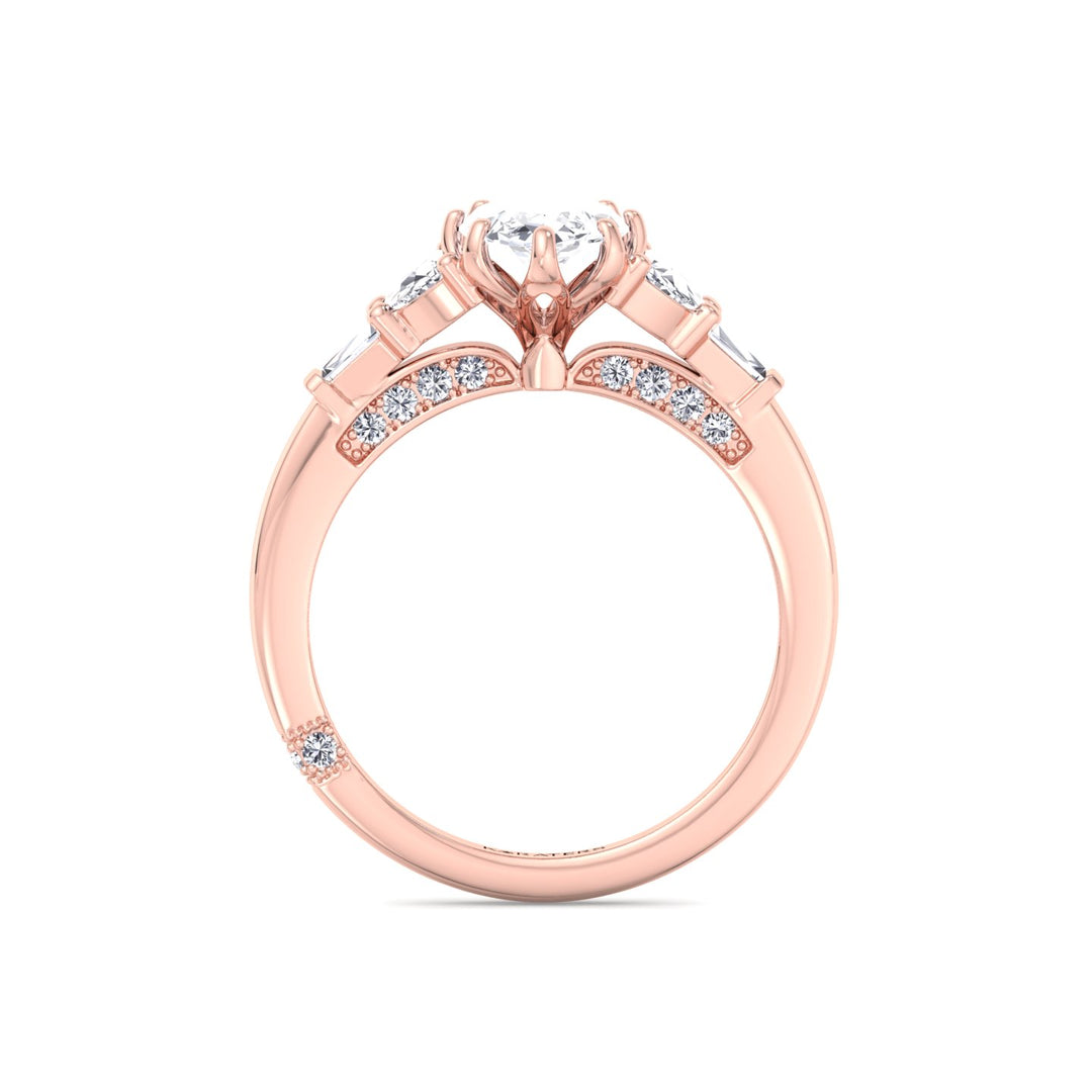 Marquise Shape Lab Grown Diamond Engagement Ring with Half Moon and Tapered Baguette Sidestones Rose 14K 18K