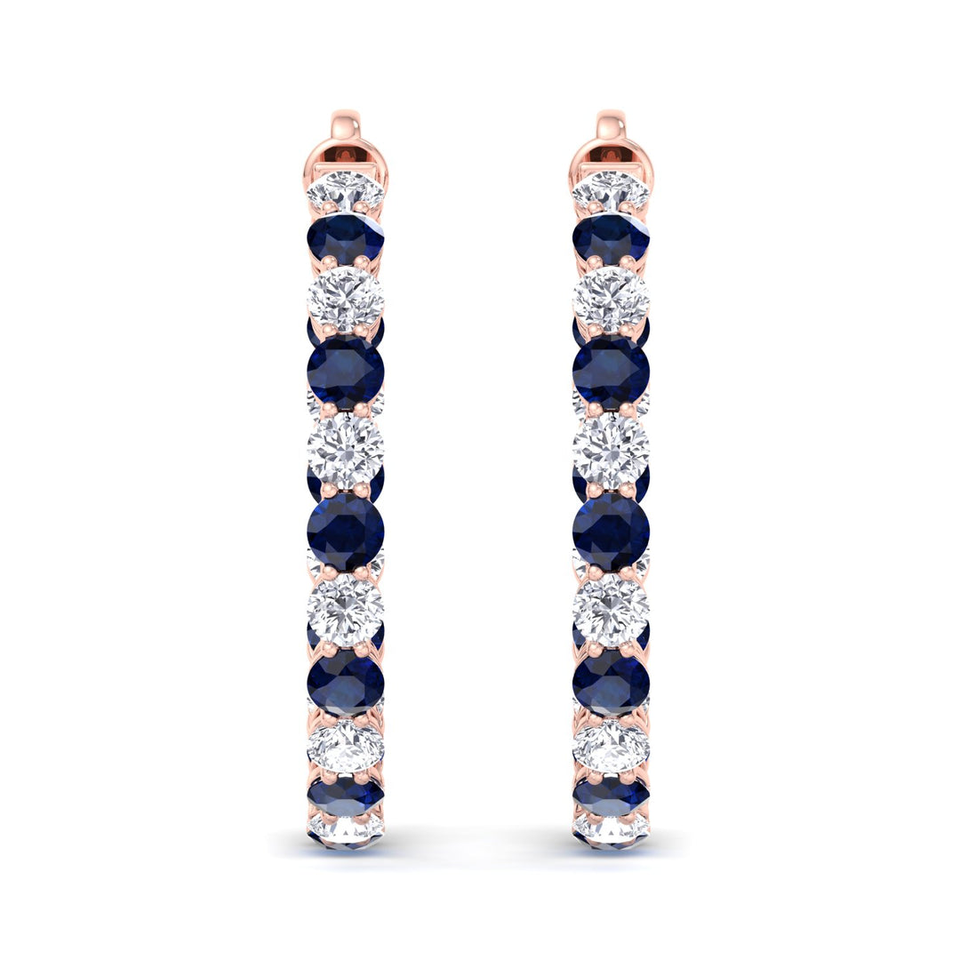 Alternating Lab Grown Blue Sapphire and Diamond Inside Out Hoop Earrings Rose Gold 14K 