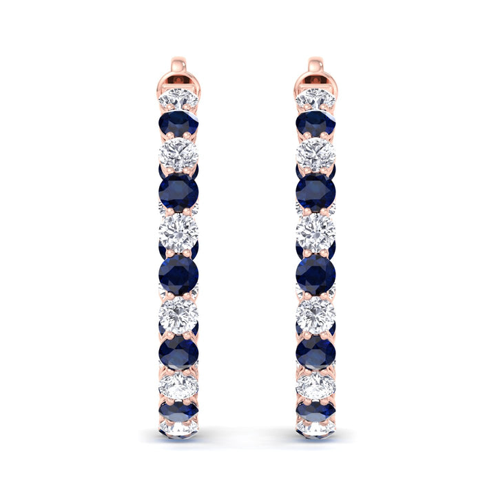 Alternating Lab Grown Blue Sapphire and Diamond Inside Out Hoop Earrings Rose Gold 14K 