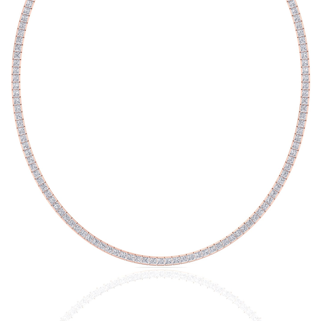 Channel Setting Princess Cut Lab-Grown Diamond Tennis Necklace  18K Solid Gold-12CT-Rose Gold