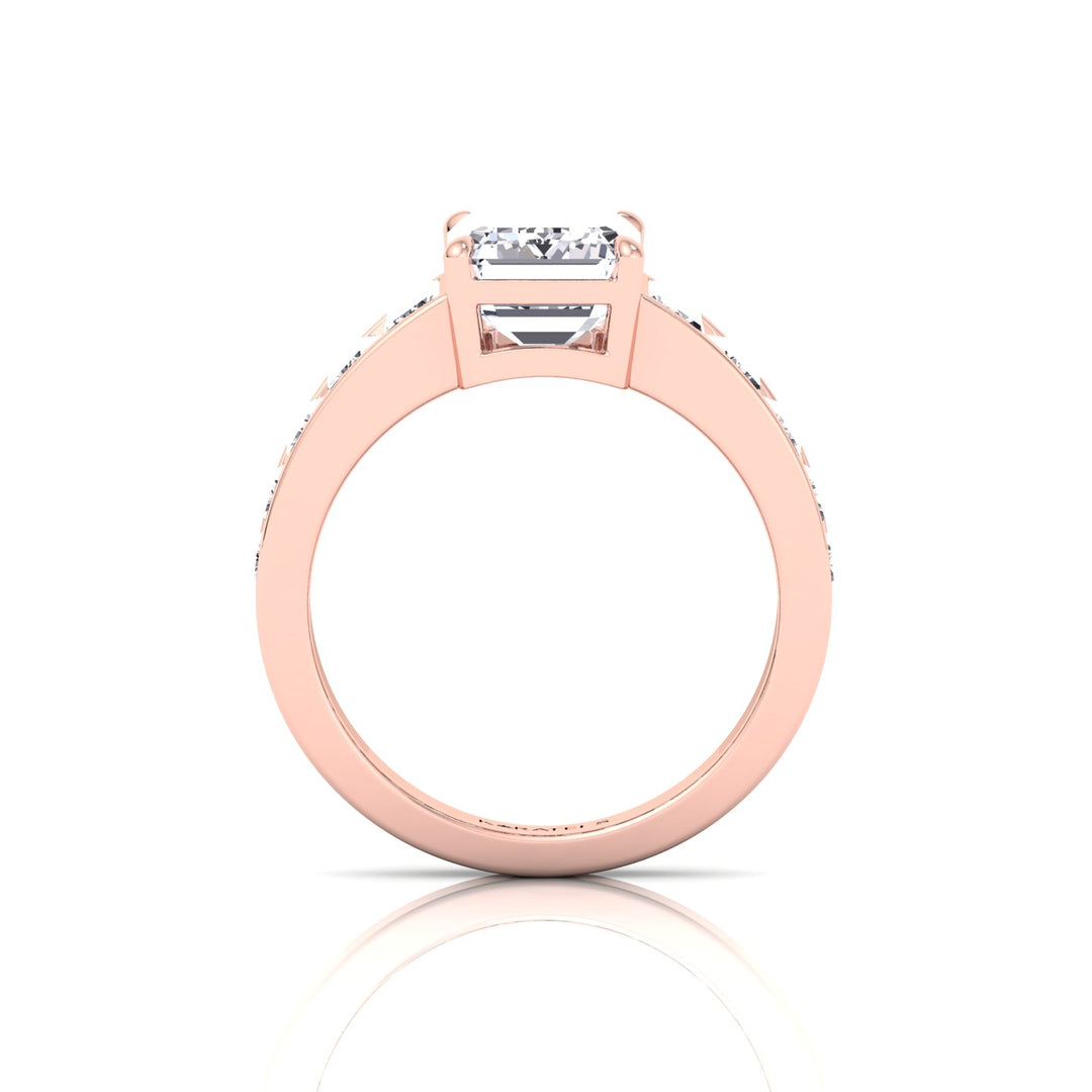 Emerald Shape Lab Grown Diamond Engagement Ring with Graduated Tapered Emerald Sidetones Rose Gold