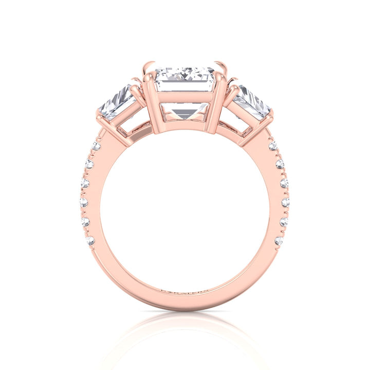 Emerald & Trapezoid Three Stone Lab-Grown Diamond Engagement Ring with Sidestones Rose Gold