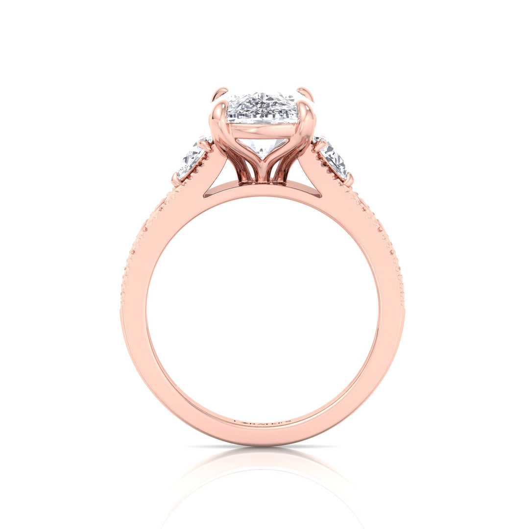 Vintage Style Elongated Cushion-Cut Lab Grown Diamond Engagement Ring with Pear Sidestones Rose Gold
