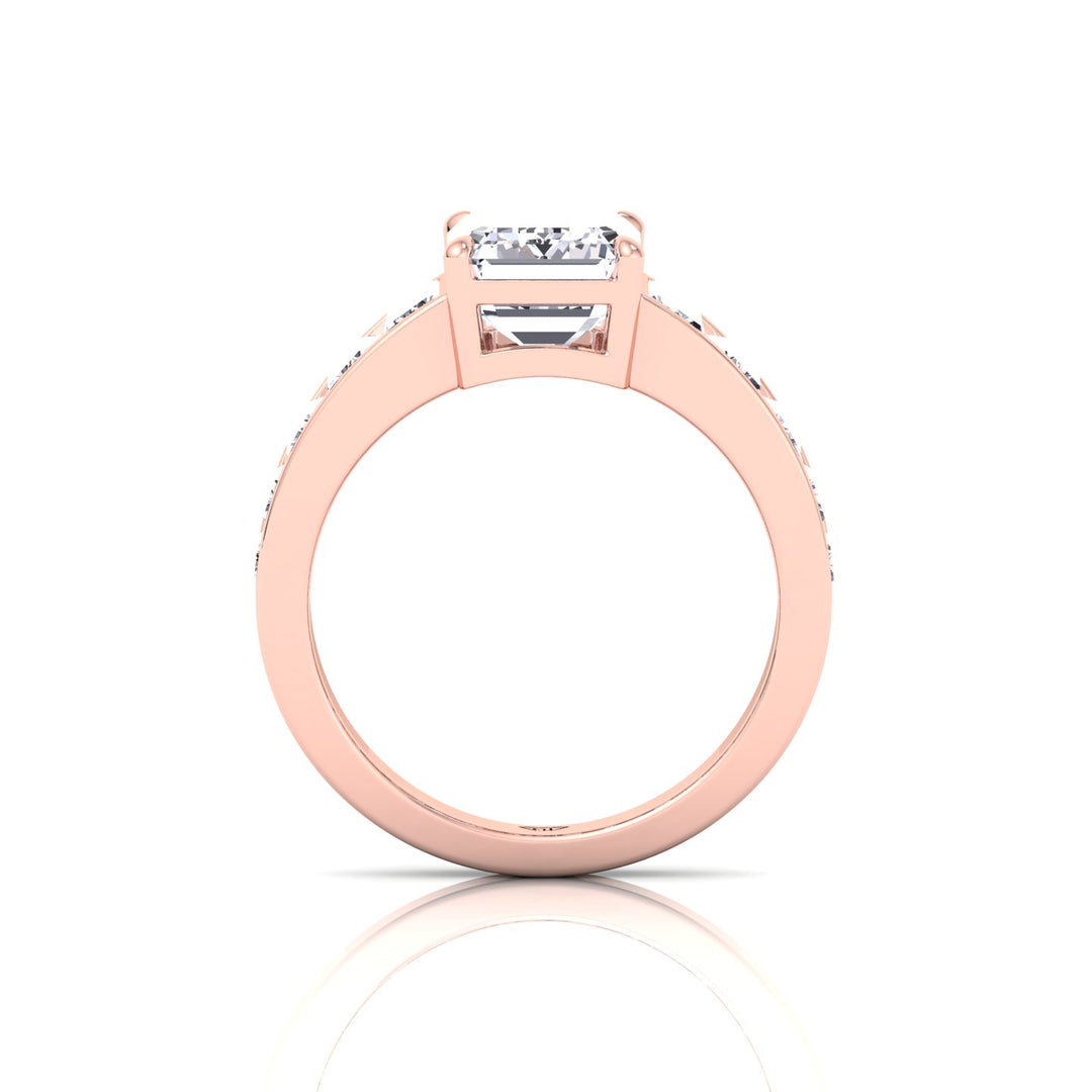Emerald Shape Lab Grown Diamond Engagement Ring with Graduated Tapered Emerald Sidetones Rose Gold 