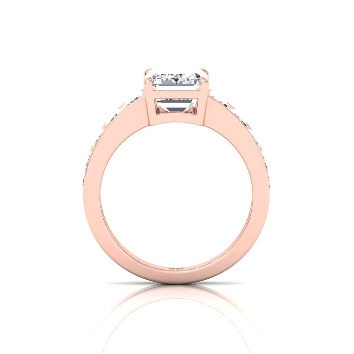 Emerald Shape Lab Grown Diamond Engagement Ring with Graduated Tapered Emerald Sidetones Rose Gold 