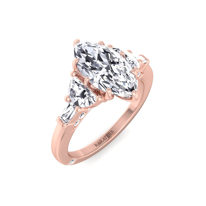Marquise Shape Lab Grown Diamond Engagement Ring with Half Moon and Tapered Baguette Sidestones Rose Gold 14K 