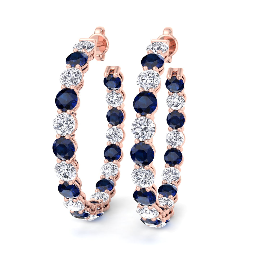 Alternating Lab Grown Blue Sapphire and Diamond Inside Out Hoop Earrings Rose Gold 18K