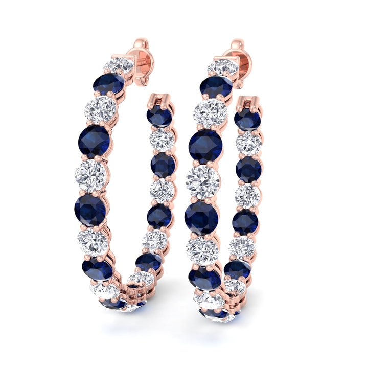 Alternating Lab Grown Blue Sapphire and Diamond Inside Out Hoop Earrings Rose Gold 18K
