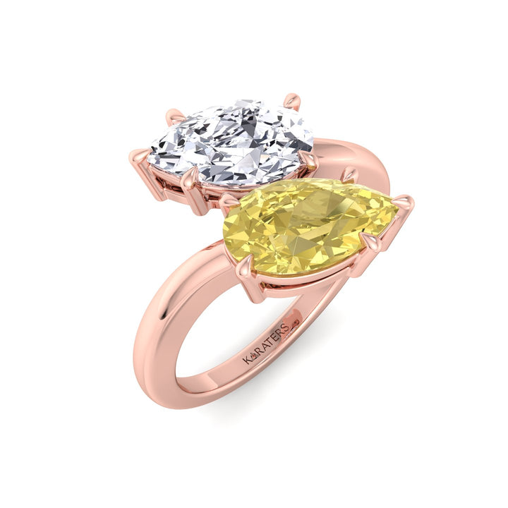 Fancy Yellow Pear Shape Lab Grown Diamond Bypass Two Stone Engagement Ring Rose  Gold 18K