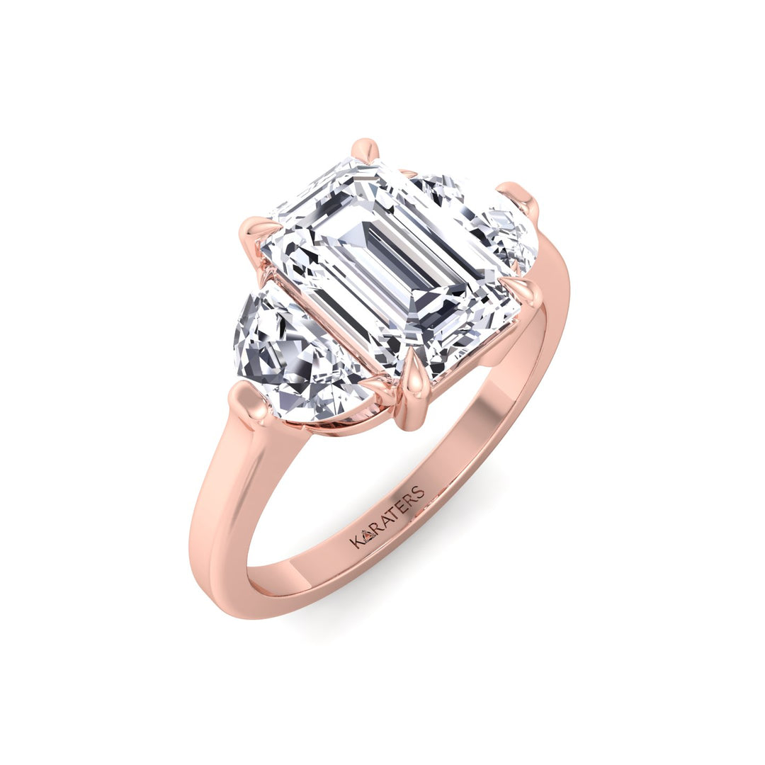 Emerald Shape Lab Grown Diamond Engagement Ring with Half Moon Sidestones Rose Gold 18K