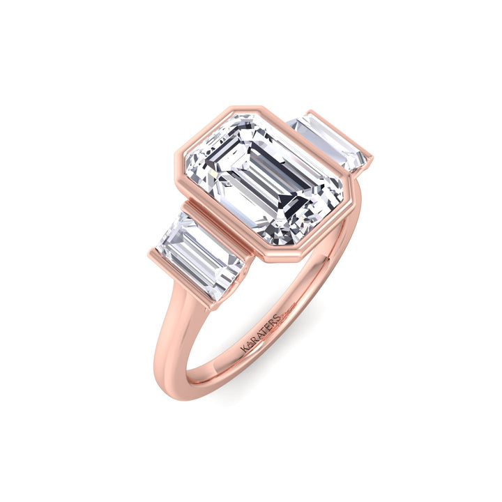 Three Stone Emerald Shape Lab Grow Diamond Engagement Ring Rose Gold 18K