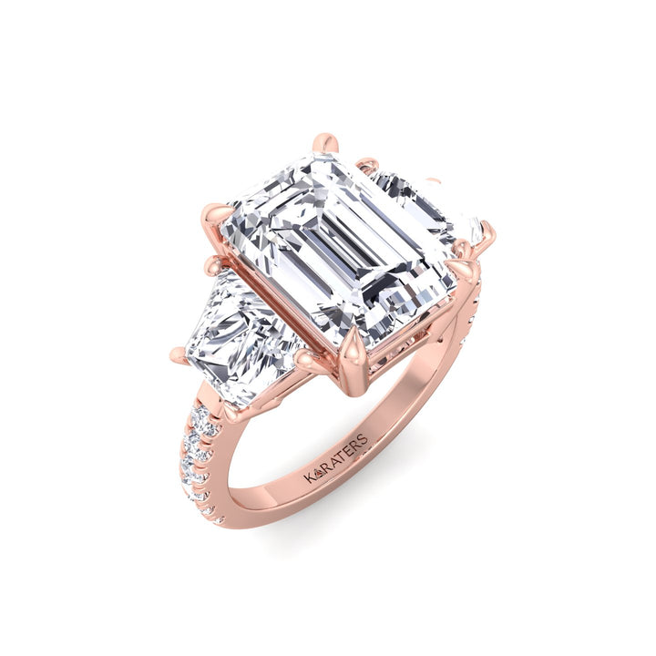 Emerald & Trapezoid Three Stone Lab-Grown Diamond Engagement Ring with Sidestones Rose Gold 18K