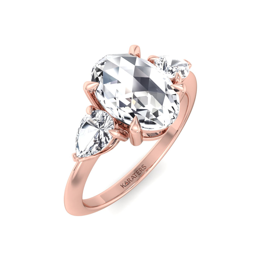 Oval Rose-Cut Lab Grown Diamond Engagement Ring with Pear Sidestones Rose Gold 18K