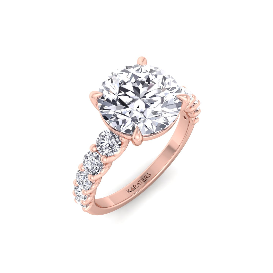 Round Shape Lab Grown Diamond Engagement Ring with Graduated Sidestones Rose Gold 18K