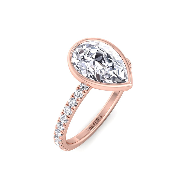 Bezel Set Pear Shape Lab Grown Diamond Engagement Ring With Pave Band Rose Gold 18K