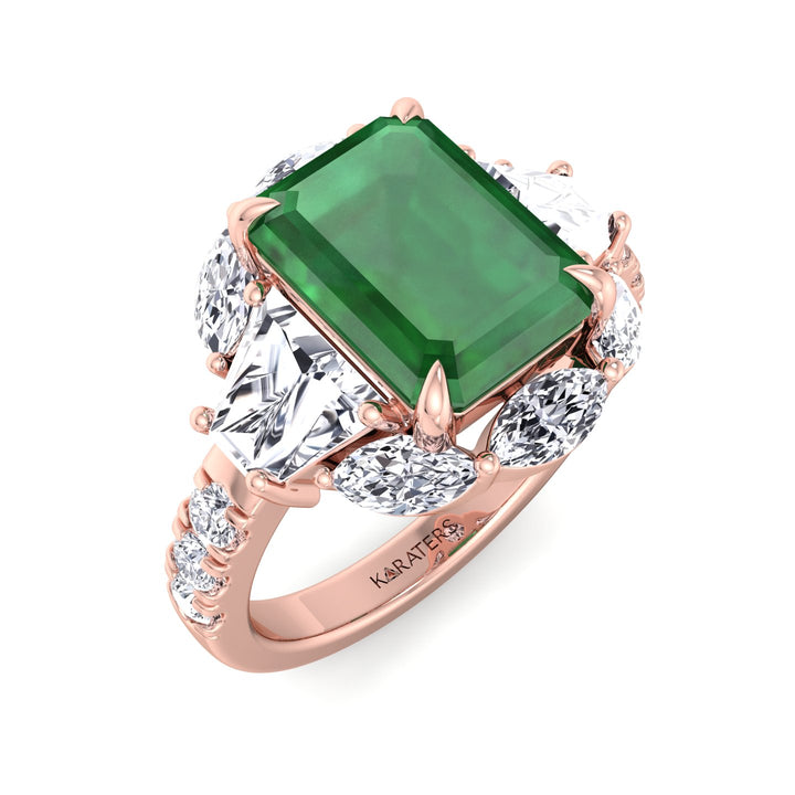 RG Green Emerald Lab Grown Diamond with Multiple Side Stone Engagement Ring side view