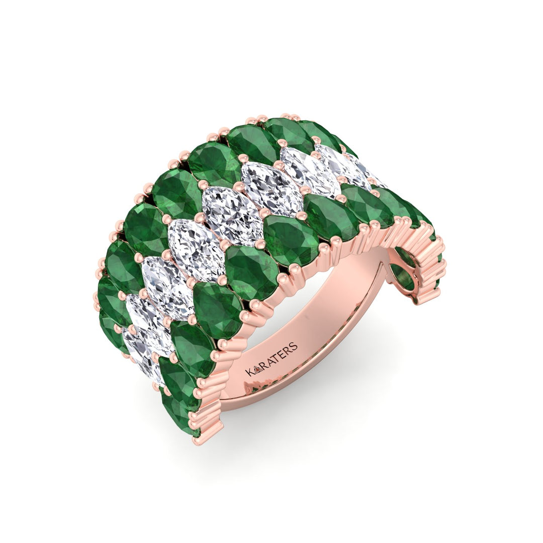 Pear Shape Green Emerald and Marquise Lab-Grown Diamond Cocktail Ring  RG