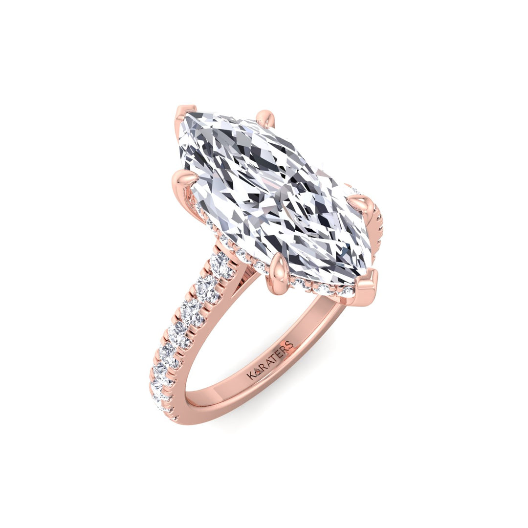 Marquise Shape Lab Grown Diamond Engagement Ring With Hidden Halo & Sidestones Rose Gold 18K