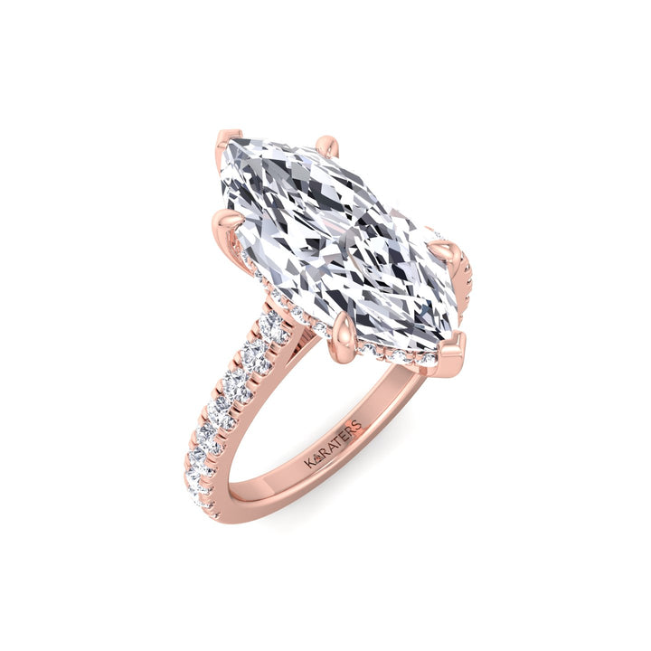 Marquise Shape Lab Grown Diamond Engagement Ring With Hidden Halo & Sidestones Rose Gold 18K