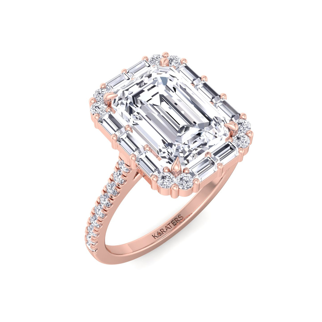 Vintage Emerald Cut Lab-Grown Diamond Engagement Ring with Sidestones Rose Gold 18K