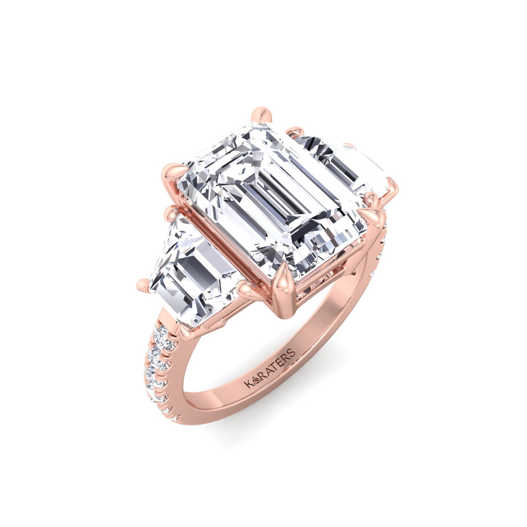 Emerald & Trapezoid Three Stone Lab-Grown Diamond Engagement Ring with Sidestones Rose Gold 18K