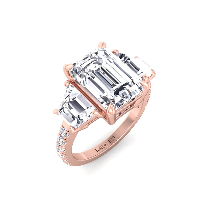 Emerald & Trapezoid Three Stone Lab-Grown Diamond Engagement Ring with Sidestones Rose Gold 18K
