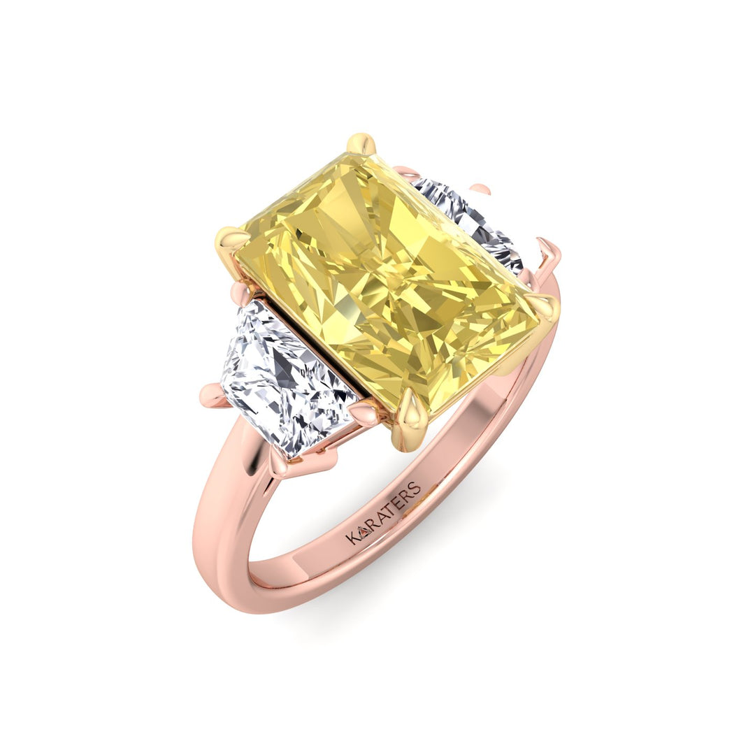 Fancy Yellow Radiant & Trapezoid Three Stone Lab-Diamond Engagement Ring Rose Gold 18K