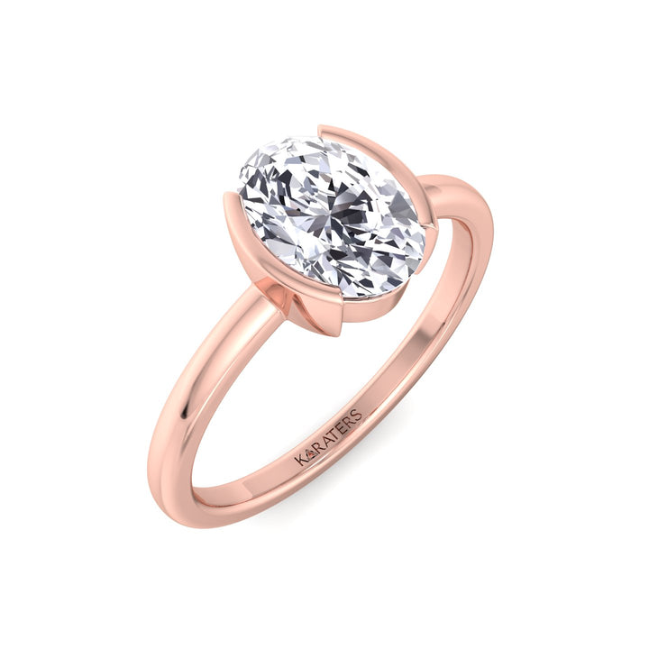 Half Bezel Oval Shape Lab-Grown Diamond Engagement Ring-14K-18K-1CT-2CT-3CT-4CT-5CT-6CT-7CT-8CT-9CT-10CT-RoseGold