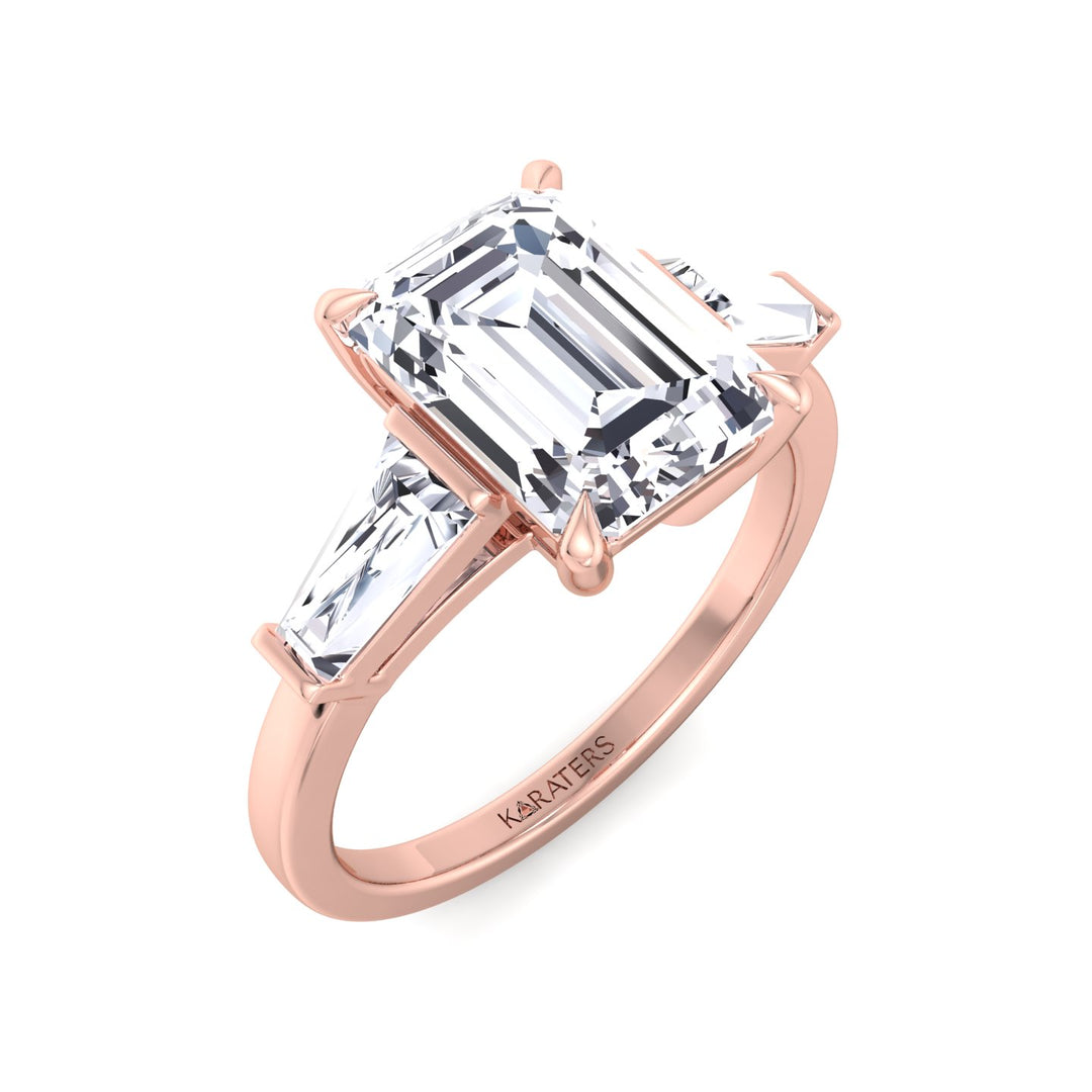 Emerald Cut Grown Diamond Solitaire Engagement Ring With Tapered Baguette Sidestones Rose Gold 18K