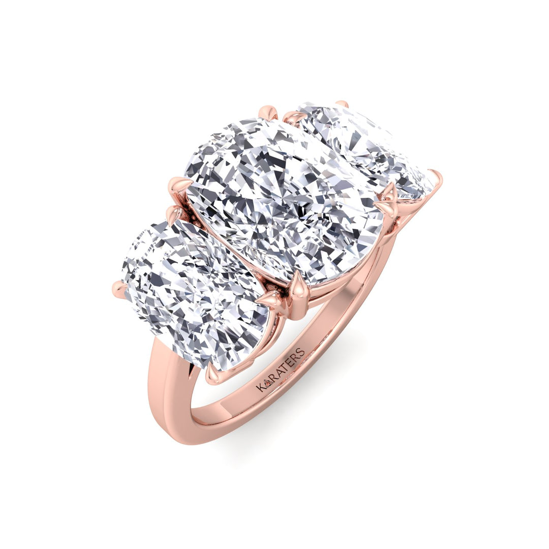 3 Stone Elongated Cushion Cut Lab Grown Diamond Engagement Ring Rose Gold 18K