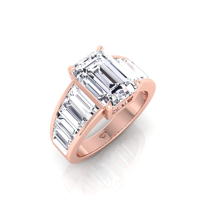 Emerald Shape Lab Grown Diamond Engagement Ring with Graduated Tapered Emerald Sidetones Rose Gold 18K