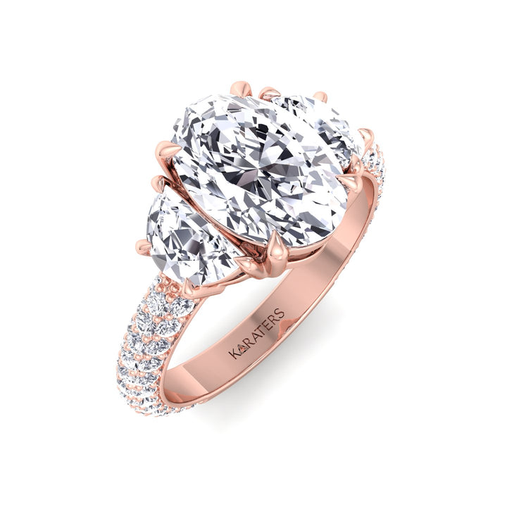 Oval and Half Moon Shape Three Stone Lab Grown Diamond Engagement Ring with Pave Band Rose Gold 18K