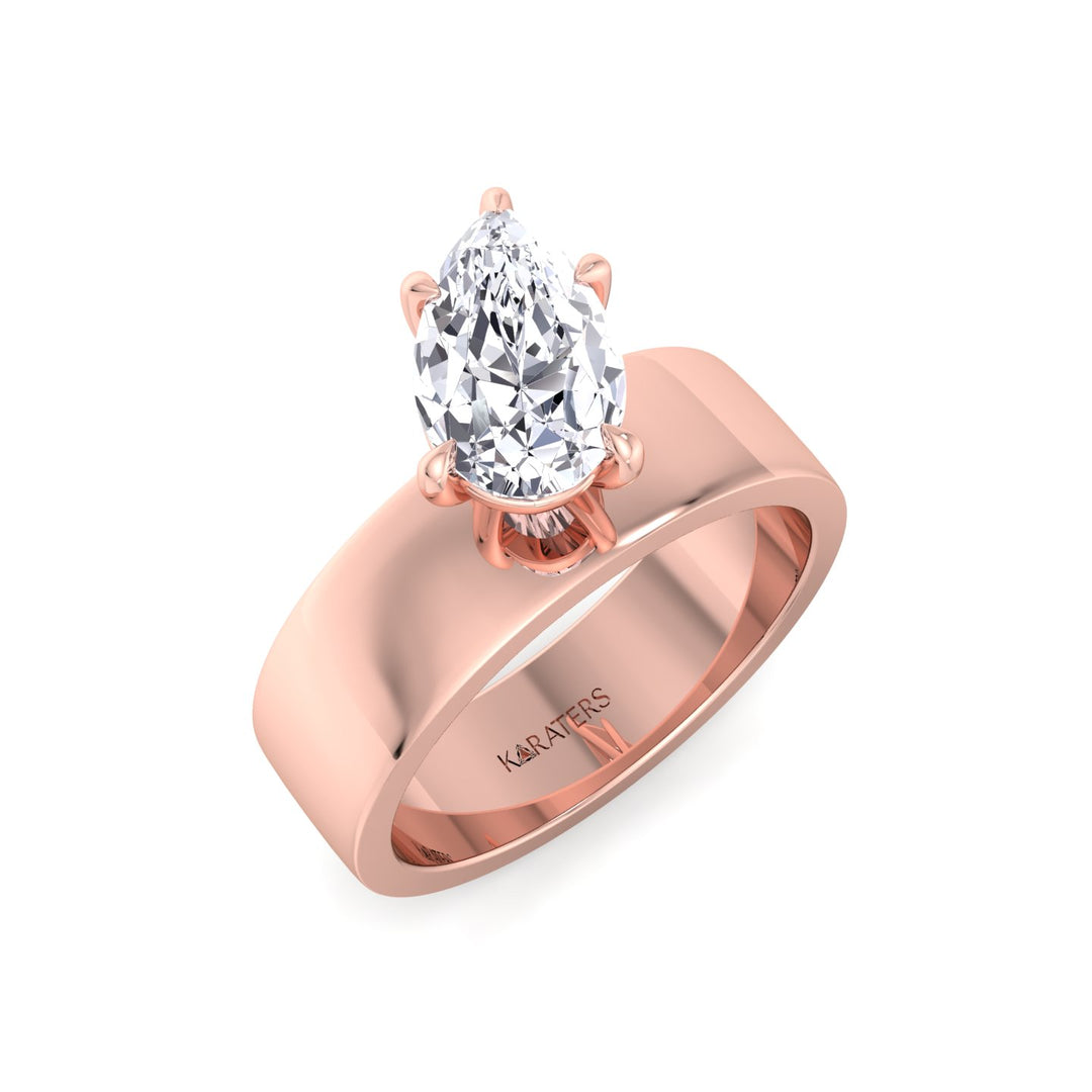 Pear Shaped Lab Grown Diamond Engagement Ring with Wide Band Rose Gold 14K 
