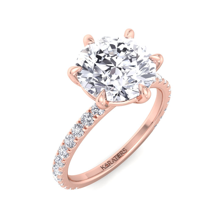 Adria - Six Prong Round Cut Lab Grown Diamond Engagement Ring With Pave Band
