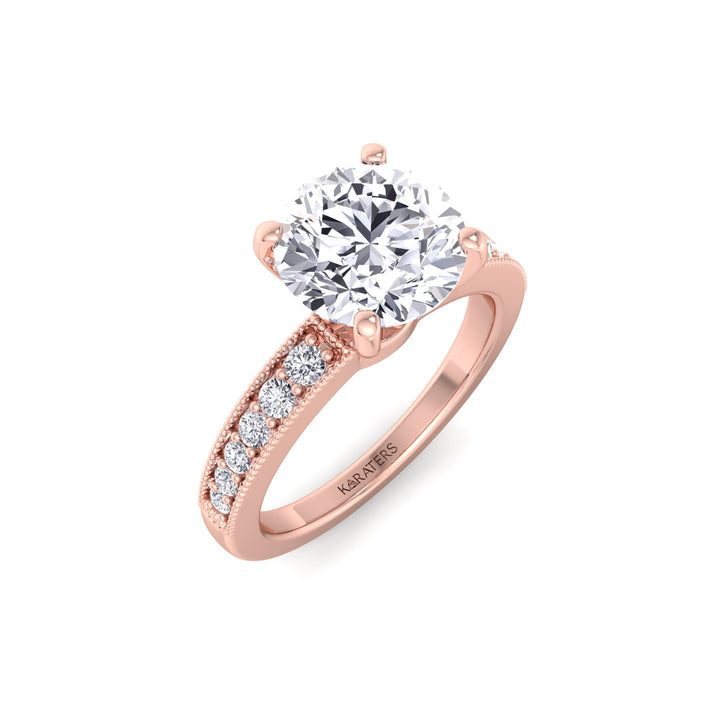 Vintage Round Shape Lab Grown Diamond Engagement Ring with Channel Set Side Stones Rose Gold 18K