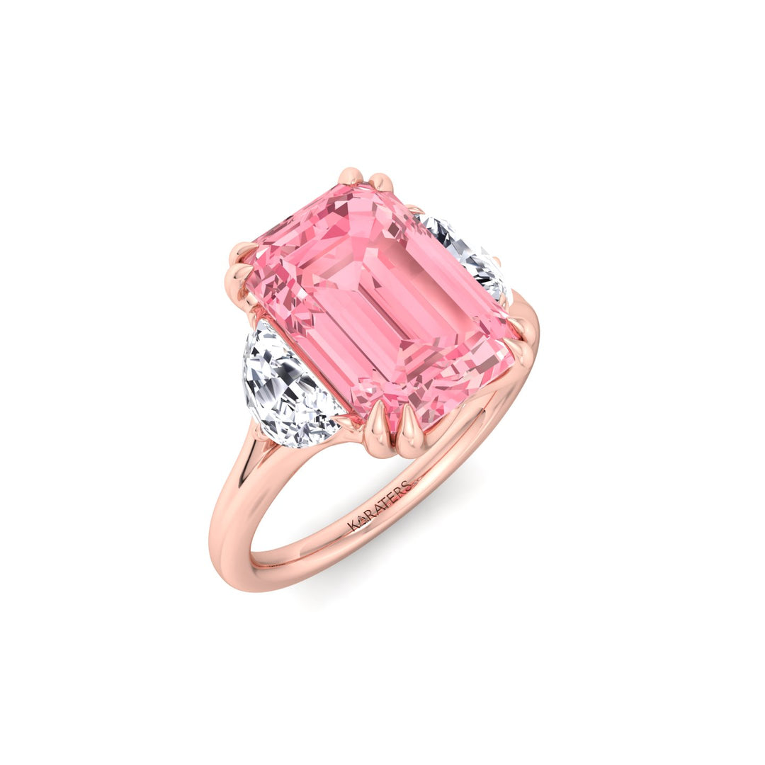 Fancy Pink Emerald Shape Lab Grown Diamond Engagement Ring with Half Moon Sidestones Rose Gold 18K